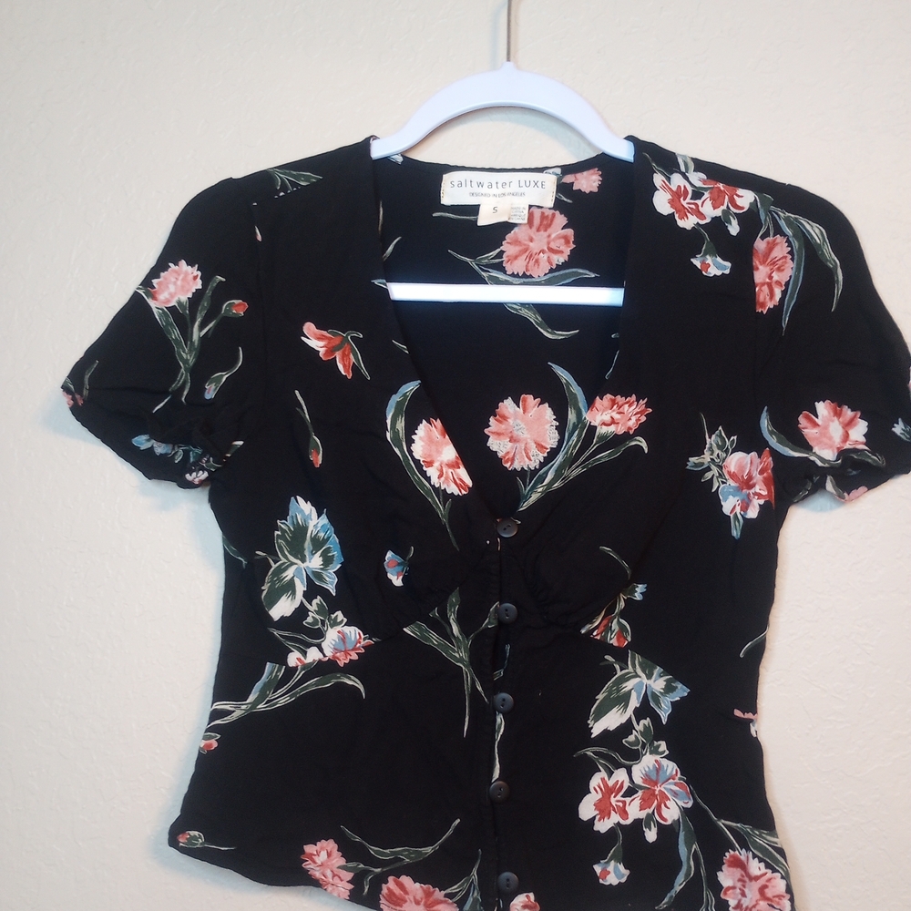 Saltwater Luxe Black Blouse with Pink Floral Pattern